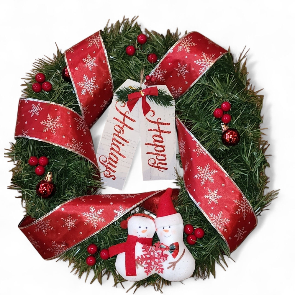 Charming 20" Holiday Wreath with Red Accents Handmade One Of A Kind Unique